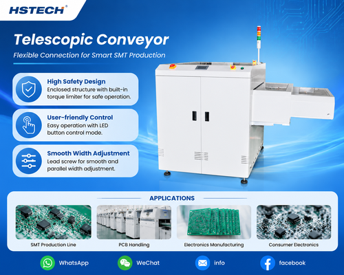 Son şirket blogları hakkında Yeni HS-STC350 ve HS-STC460 Teleskopik PCB Konveyörleri SMT Hat Düzeni ve Güvenlik Zorluklarını Çözüyor